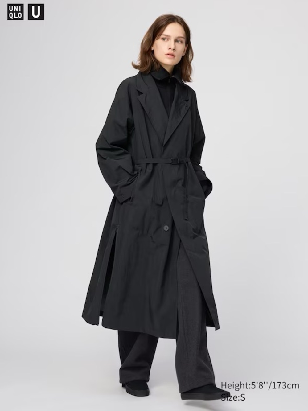 Uniqlo Black Long Trench with Belted Waist